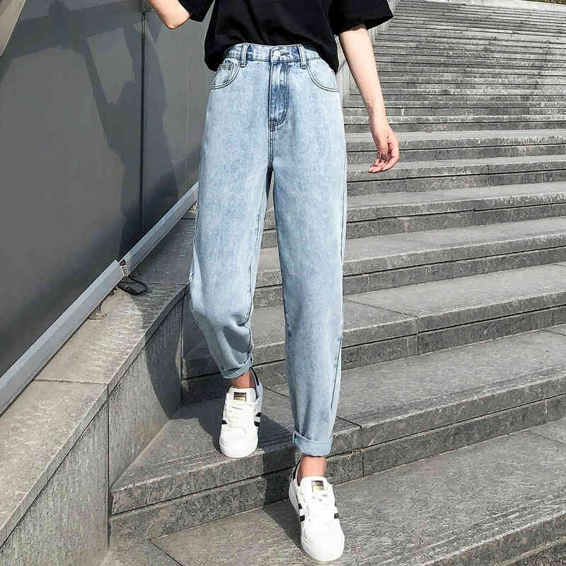 Vintage Denim Trouser Plus Size Boyfriend Jeans Elastic Waist Cotton Loose Washed High Woman Streetwear 10424 210518