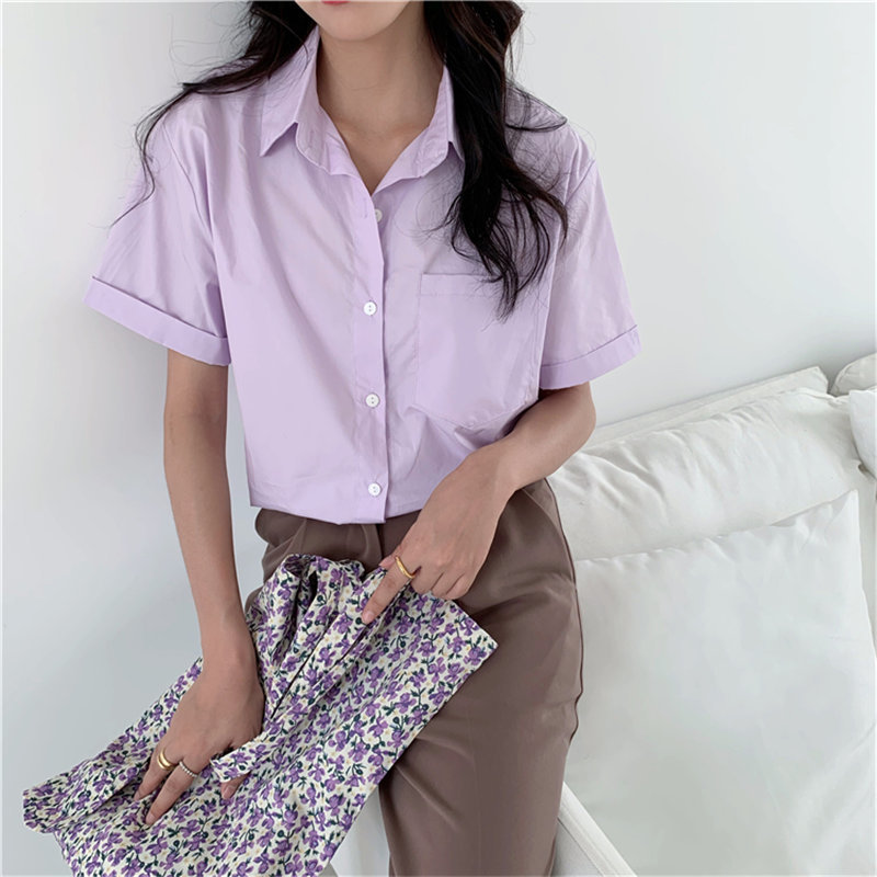All Match Brief Tops Blouses Solid Office Lady Short Sleeves Loose Cotton Chic Summer Pockets Shirts 210421