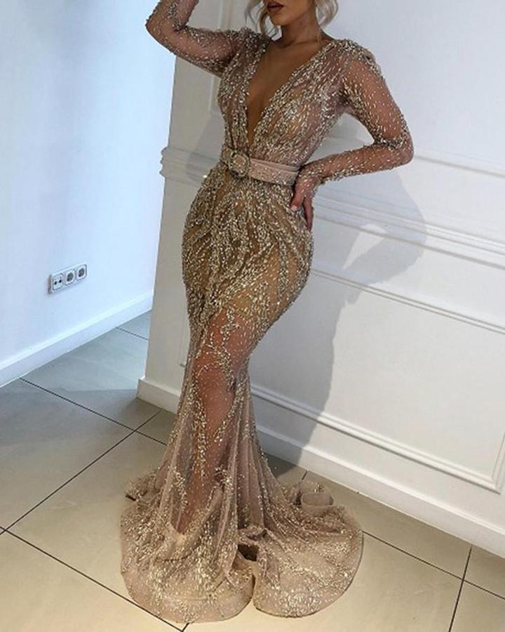 Women Dress V-neck Long Sleeve Sequins Prom Dresses Plus Size Vintage Perspective Fashion 210524