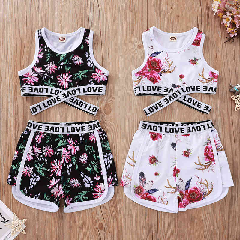 Letter Stitching Sleeveless Vest + Shorts Children's Suit Summer Flower Print Girl Clothes Sports 210515