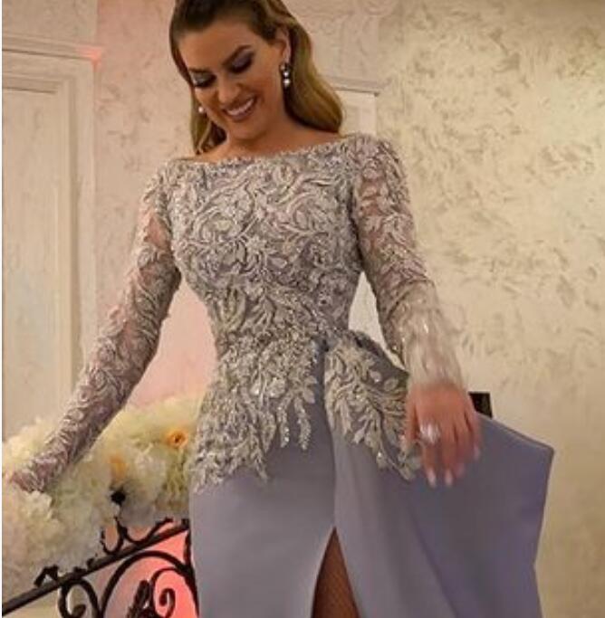 2021 Plus Size Arabic Aso Ebi Lace Beaded Sexy Prom Dresses High Split Long Sleeves Evening Formal Party Second Reception Gowns ZJ432