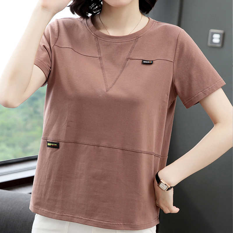 Camisas Mujer Cotton T Shirt Women Appliques Patchwork Casual Plus Size Summer Tops Tshirt Female Short Sleeve Tee Femme 210615Z