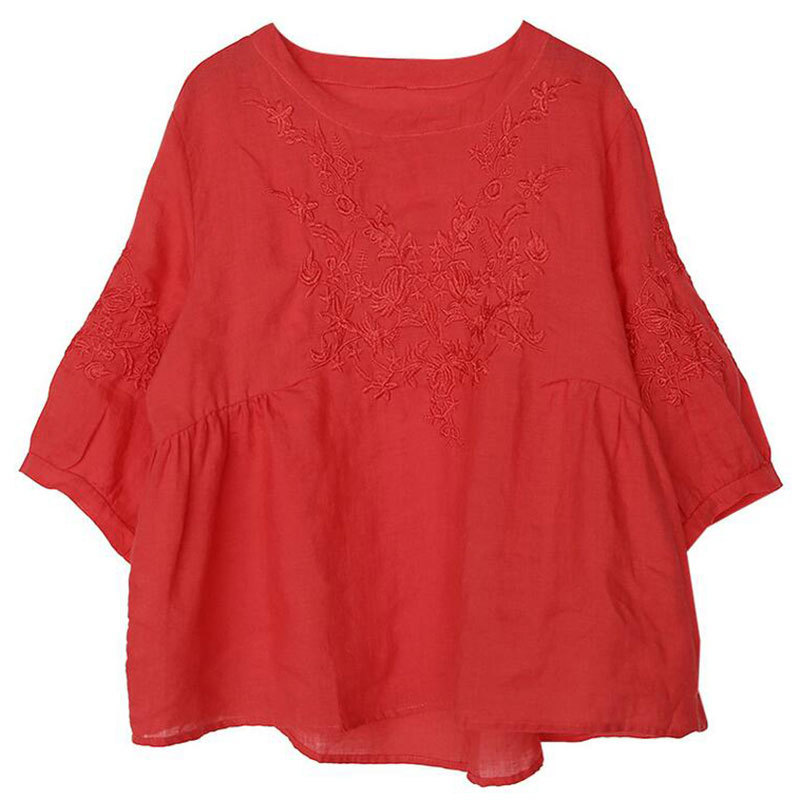 Summer style Women Tshirt Plus Size O-neck Embroidery Solid cotton Tops Vintage Loose Lady Casual Tee Shirt Big HXJ04 210512