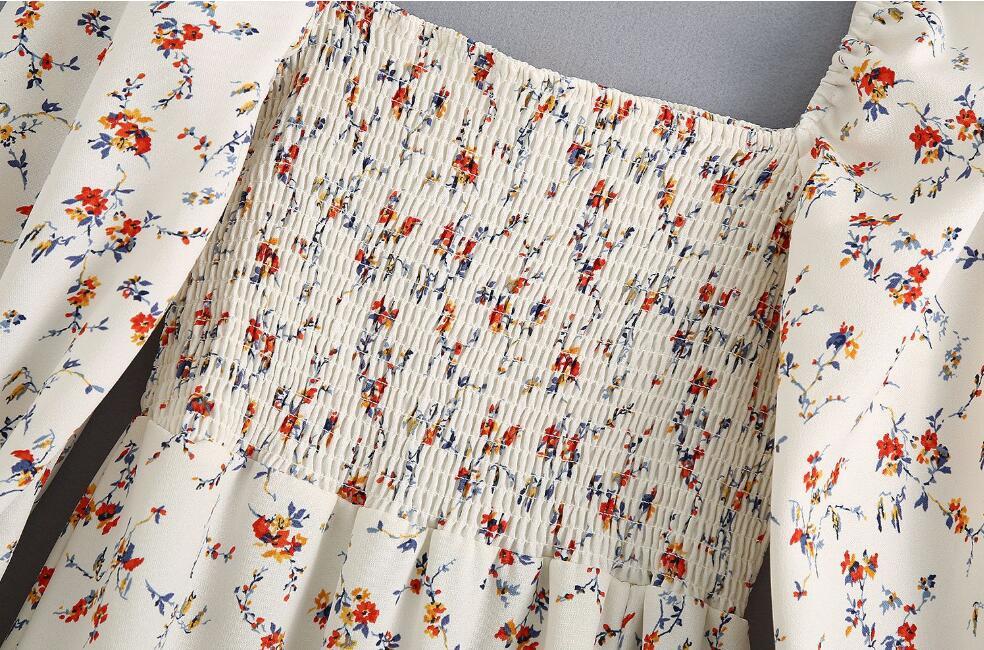 Spring Retro Floral Print Women Midi Dress Woman Vintage French Square Collar Chiffon Split Long sleeve Dresses Holiday 210429