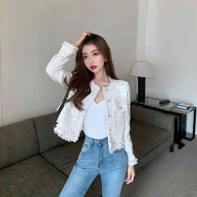 Small Fragrance Women Tweed Outerwear Autumn Winter Single Breasted Tassel Blends Wool Female Long Sleeve Jacket Coat 210518