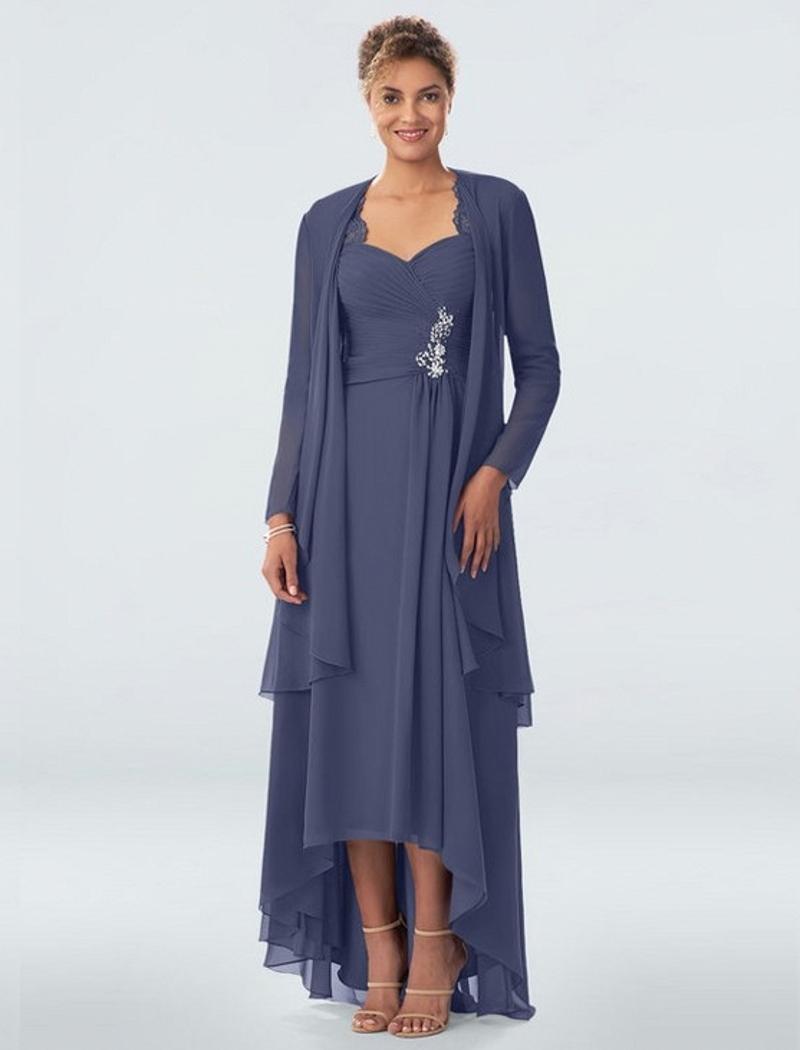 Custom Made Plus Size Chiffon Mother of the Bride Groom Dresses Wedding Party Gowns Lace Hi Lo 3/4 Long Sleeves Fashion Godmother