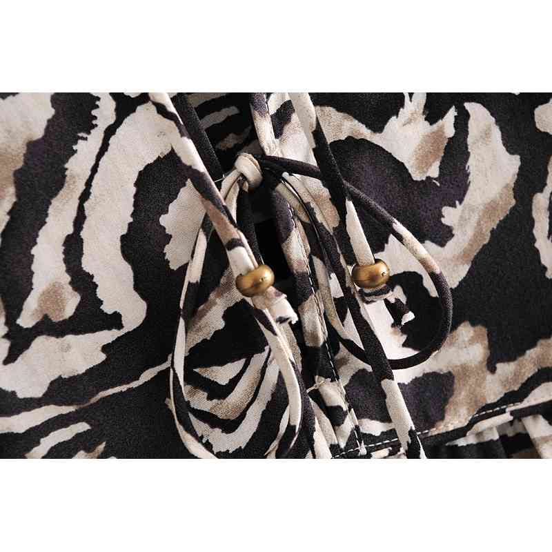 Bohemia Bandage Lacing up Collar Contrast color Zebra Print Dress BOHO Woman Long Sleeve Maxi Holiday Dresses Beach 210429