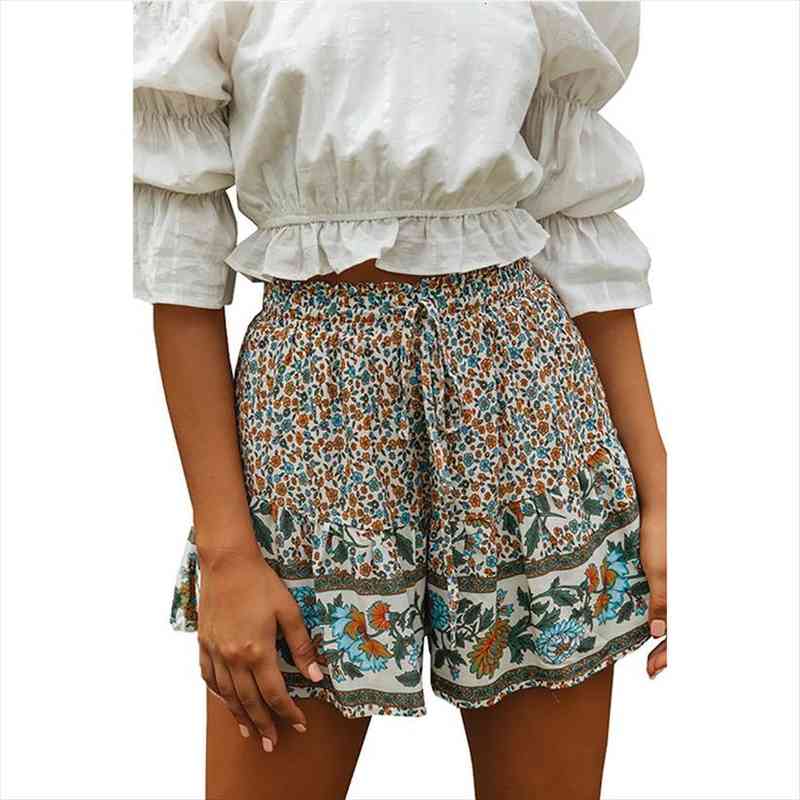 white red blue summer boho women shorts floral print a-line elastic waist drawstring style mid, White;black
white red blue summer boho women shorts floral print a-line elastic waist drawstring style mid, White;black