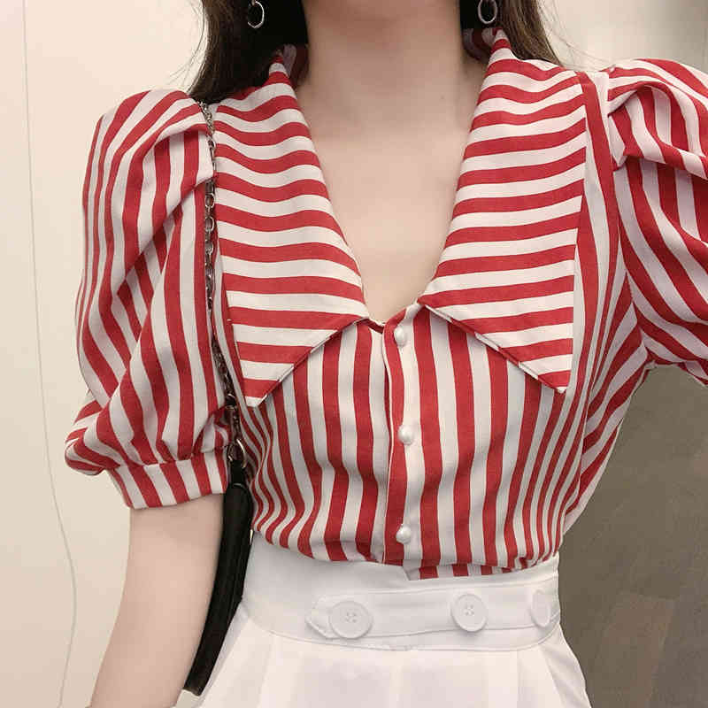 Vintage Lapel Short Sleeve Black Striped Shirts Women Loose Summer Fashion Clothing Red Tops Blusas Mujer Elegant Sexy Blouse 210429