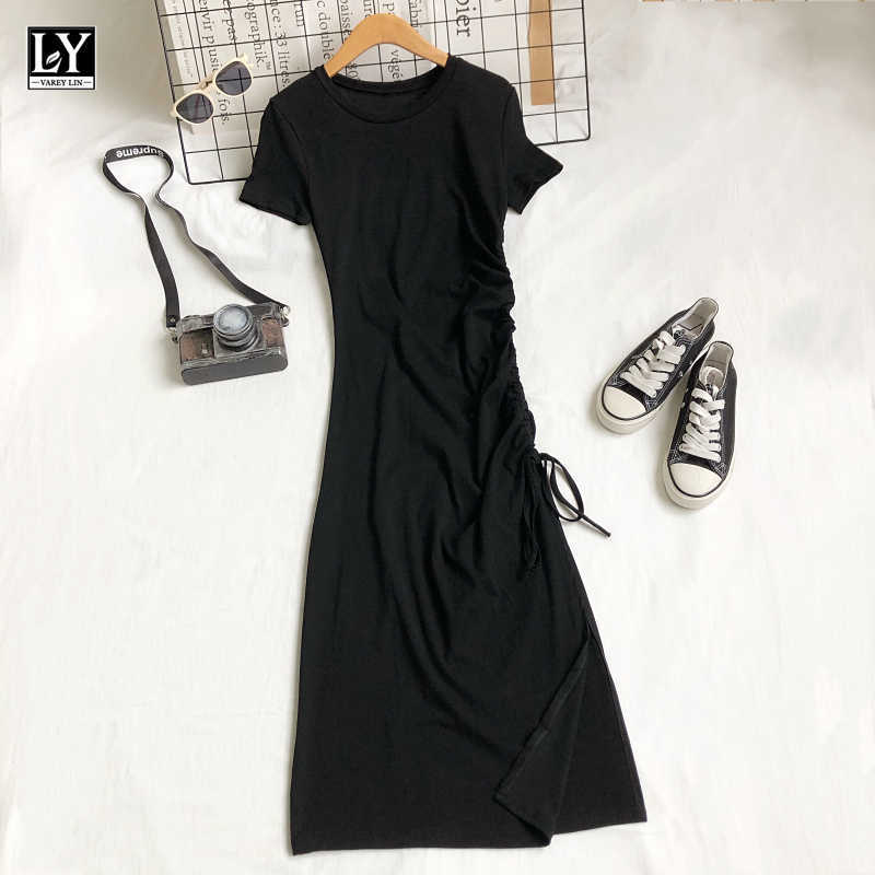 LY VAREY LIN Summer Women Slim Shirring Frenulum Solid Color Medium Long Dress Casual O-neck Short Sleeve High Waist Dresses 210526
