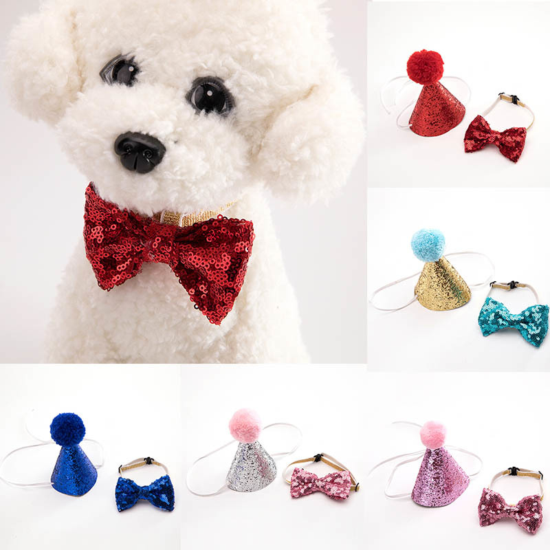 Pet Accessory Sequin Design Adjustable Dog Birthday Bowknot Cute Costume Headwear Hat Cat Cap 1 Set Birthday Party Tools