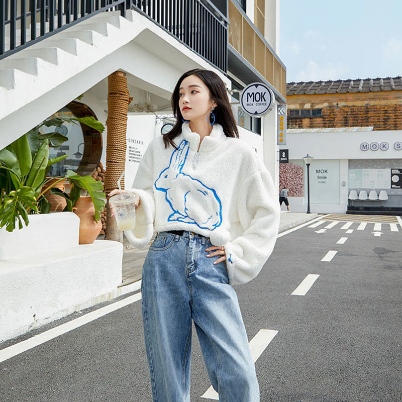 Cropped Sweatshirt Women White Rabbit Animal Print Fur Hoodie Loose Zipper Neck Fuzzy Winter Crop Top 210427