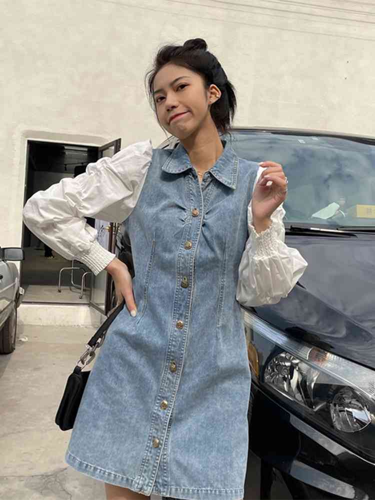 Dresses Casual Vintage Puff Long Sleeve Turn Down Collar Denim Dress Women Single-breasted Patchwork Vestidos Mujer Knee Street 210429