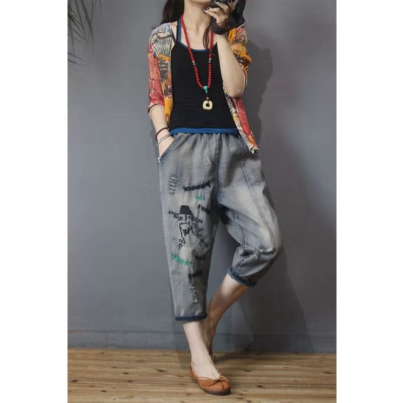Arrival Summer European Style Women Loose Casual Elastic Waist Harem Pants Vintga Embroidery Cotton Denim Jeans W97 210512