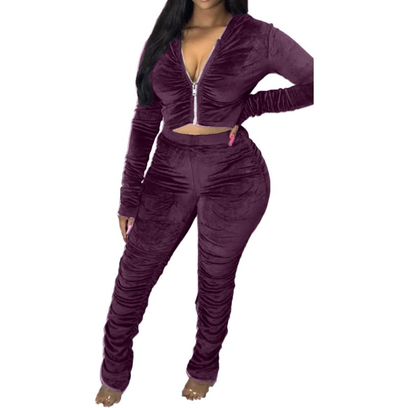 Women's Tracksuits 2021 Autumn Velvet Stacked Set Zipper Hoodies Ruched Pants Sport Tracksuit Two Piece Outfit Active Sweatsuit