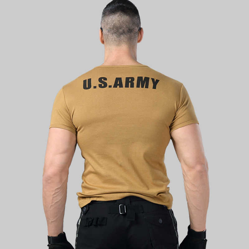Men's Army T Shirt Summer Military Cotton T-shirt Body Sculpting Short Sleeve High Elasticity Stretch Slim Fit Male Tshirt 210707