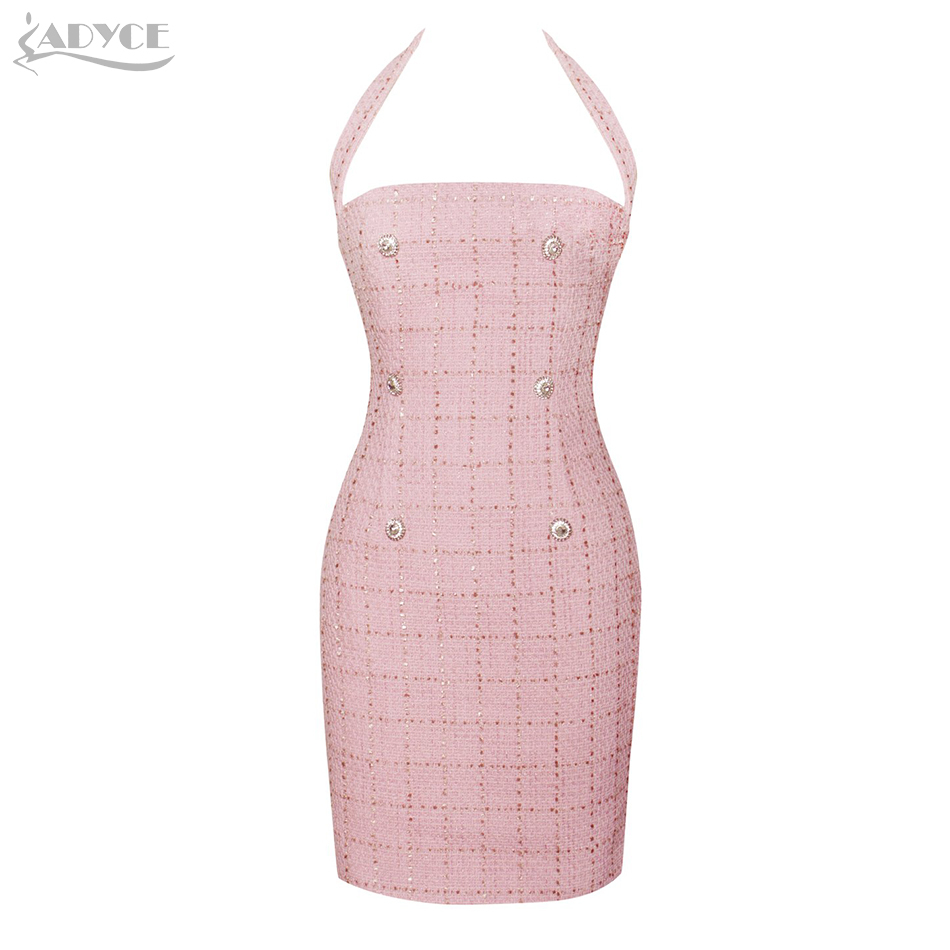 Summer Women Pink Halter Bodycon Bandage Mini Dress Sexy Sleeveless Buttons Party Celebrity Evening Club Dresses 210423