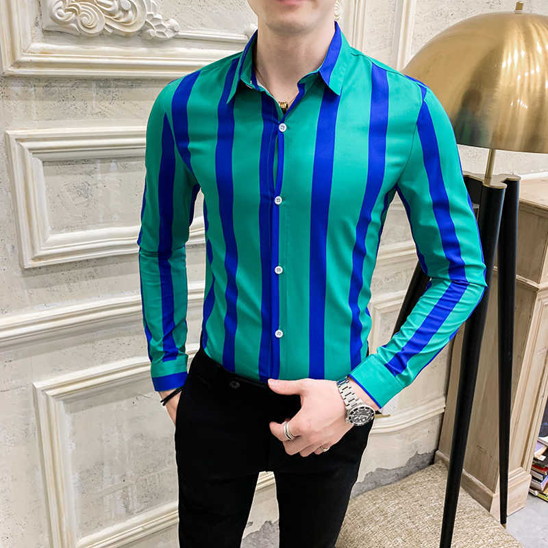 Striped Men's Shirt Dress Business Casual s Long Sleeve Slim Fit Men Autum Tuxedo Social s Male Clothing 210721