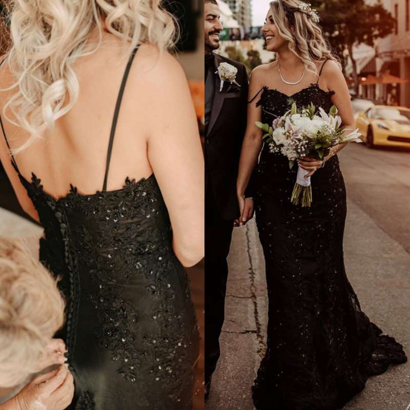 Sparkling Black Mermaid Wedding Dress with Thin Straps and Sweetheart Neckline Lace Appliques Beaded Gothic Bride Dresses Boho beach Bridal Gowns Cour