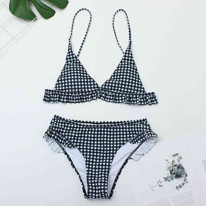 Gingham Sexy Women Bikini Set Push Up Ruffle Swimwear Frill Trim Bathing Suit Beachwear Swimming 210520