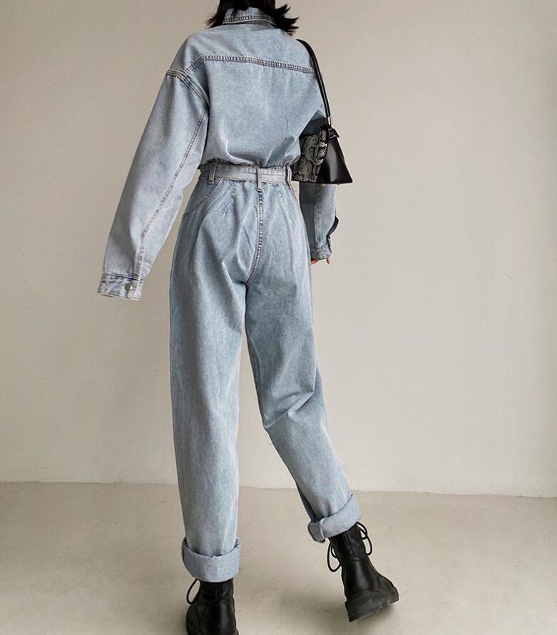 CHIC Spring Safari Denim COOL Women Jumpsuits Buckle Belt Sashes Long Sleeve Bodysuits Pants Jeans Romper Playsuits 210429