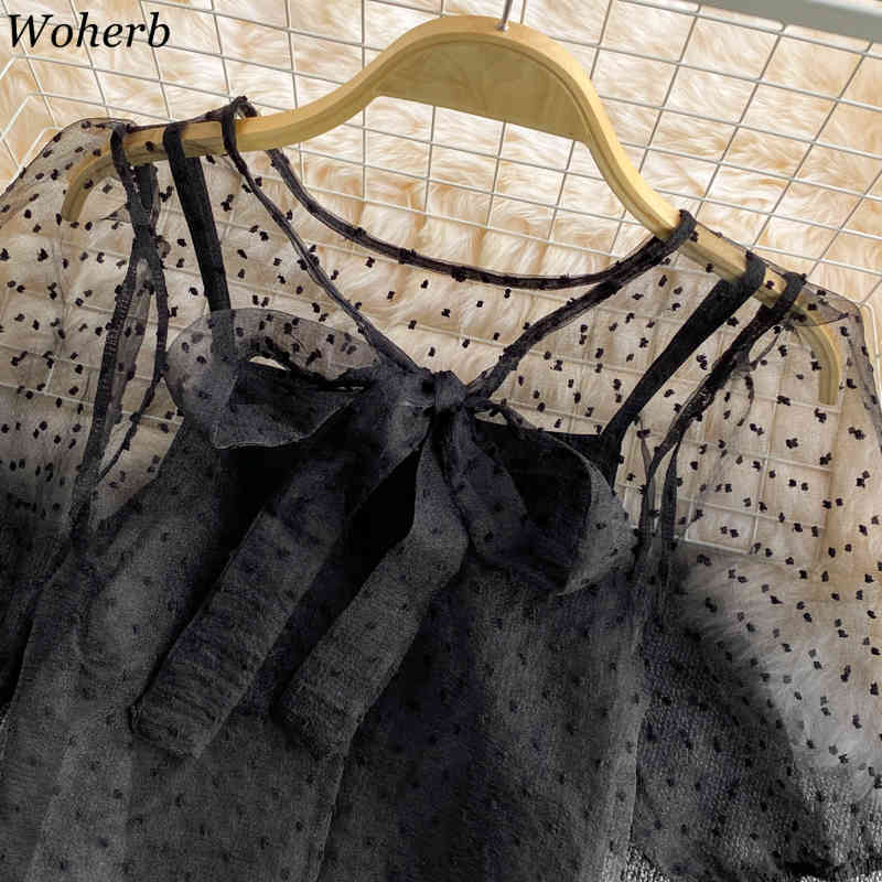 Chiffon Blouse Women Puff Sleeve See Through Polka Dot Mesh Cover Up Shirt with Vest Ladies Korean Sweet Top Blusa 210519