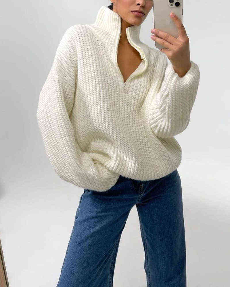 WOTWOY Autumn Winter Thickening Knitted Sweater Women Casual Zipper Polo Collar Loose Knitted Pullovers Female White Jumper 211109