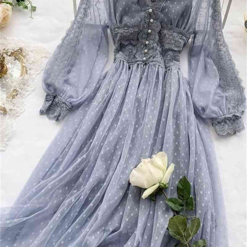 Neploe Dresses Women New Arrival Gauze Sweet Dress See Thorugh Heavy Lace Crochet Floral Pleated Elegant Robe Vestidos 210422
