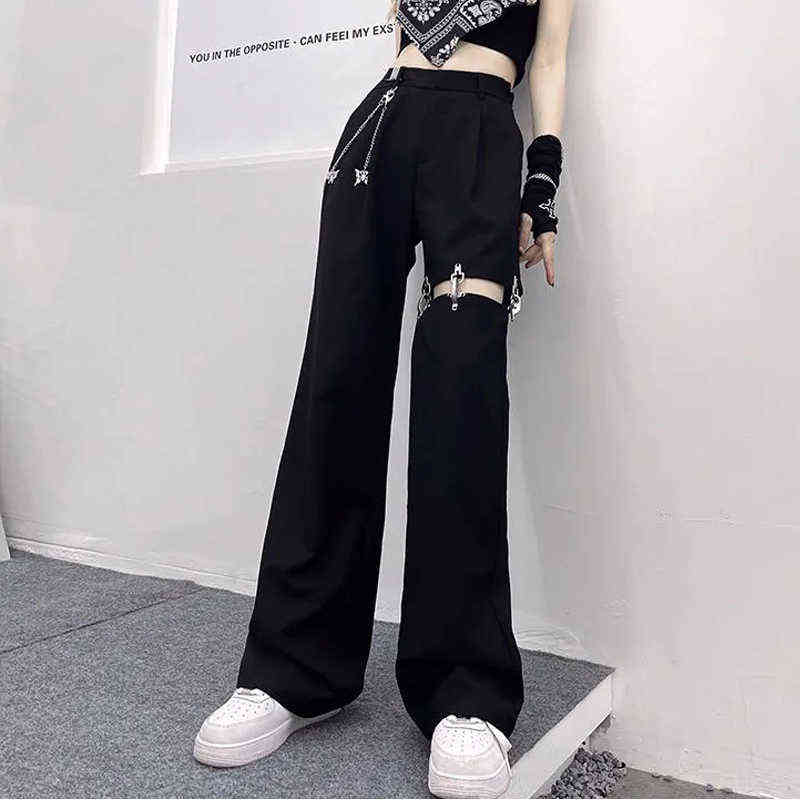 Fashion High Waist Wide Leg Pants Street Harajuku Black Trousers Women Plus Size Casual Loose Pant (with Belt and Chain) 211115