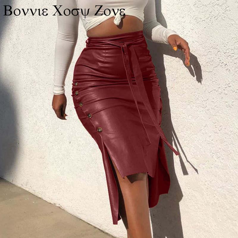 Women Buttoned Design Skirts PU Solid Sheath Fit Chic Midi Skirt Casual Slit Leather
