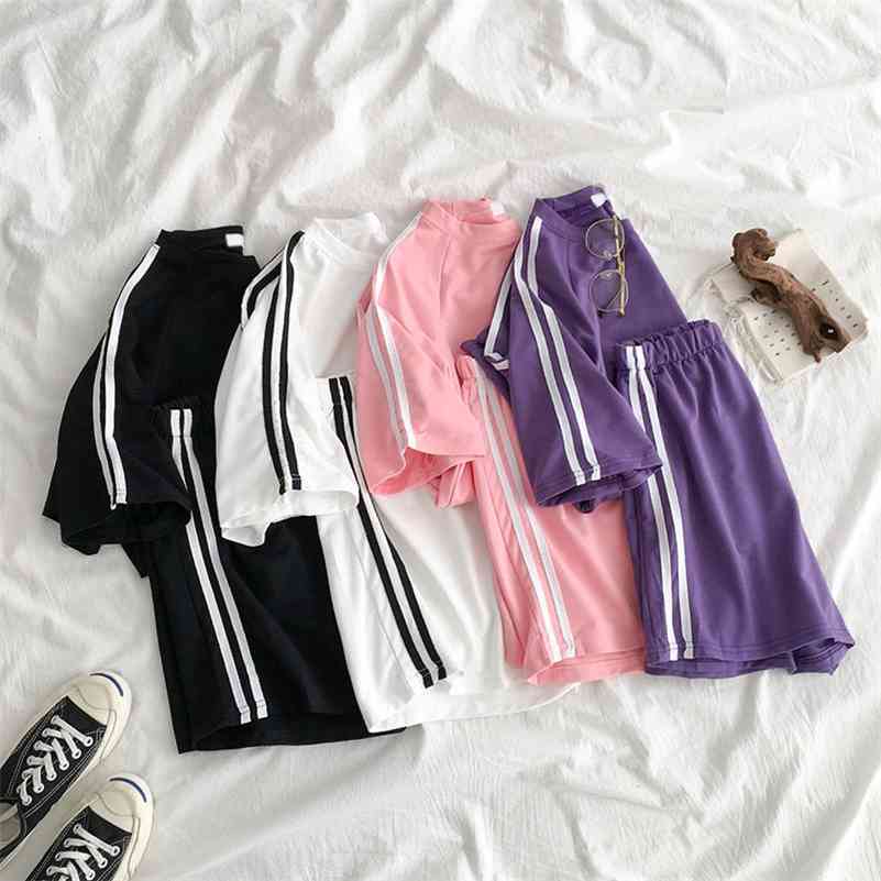 Women's 2-Piece Summer Striped Tracksuit Set: Casual Short Sleeve T-Shirt And Mini Shorts For Sports, Loungewear