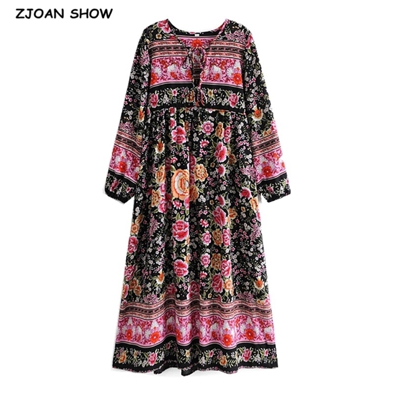 Holiday Bandage Lacing up Collar Contrast color Flower Print Dress BOHO Woman Long Sleeve Maxi Bohemian Dresses Beach 210429