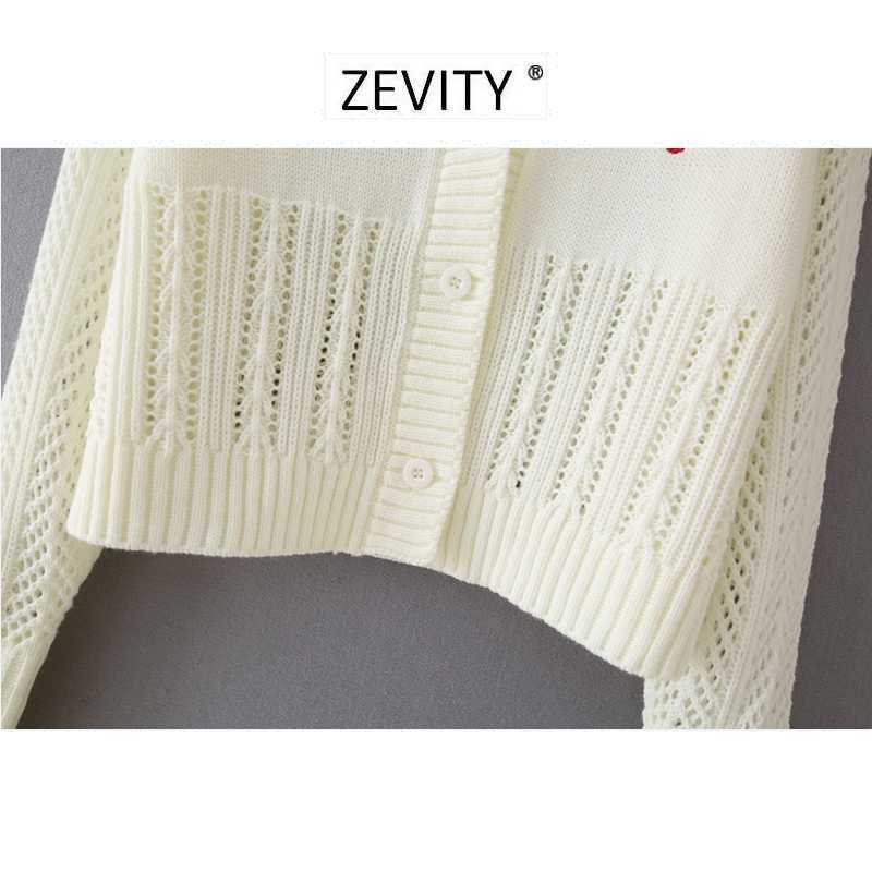 Zevity women elegant v neck flower Embroidery Cardigan Sweater chic female hollow out patchwork short Knitted crop tops S346 210603