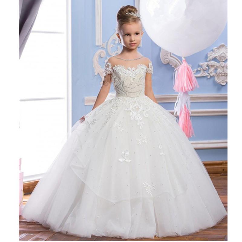 Floor Length White Princess Flower Girls Dresses For Wedding Party Jewel Neck Short Sleeves Appliques Lace Bow Beaded Long Kids Toddler Girl First Com