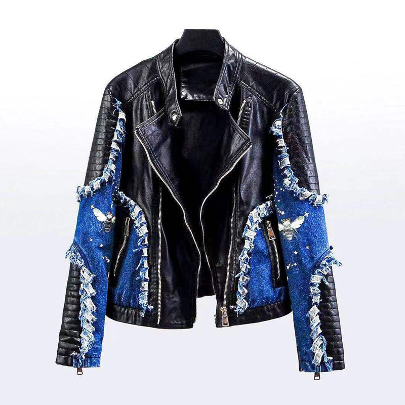 Women Stand Collar Long Sleeve Short Denim Stitching Leather Faux Jacket Coat Vintage Slim Locomotive Chic Female Tops 210507