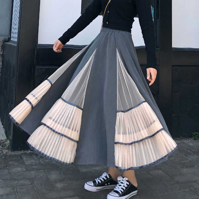 Vintage Mesh Gothic Black Long Skirt Fashion Women Lolita Elastic High Waist Skirt Patchwork Casual Clothes Streetwear 210619