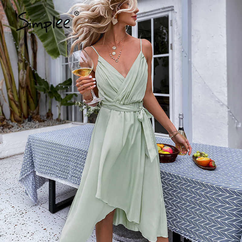 Casual Green V-neck Strap Midi Women Dress Asymmetrical Belt Holiday A-line Summer Dress Sleeveless Party Vestidos 210630
