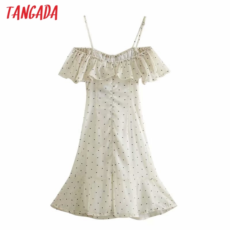 Summer Women Heart Print White Off Shoulder Strap Adjust Ladies Mini Dress Vestidos 3D02 210416