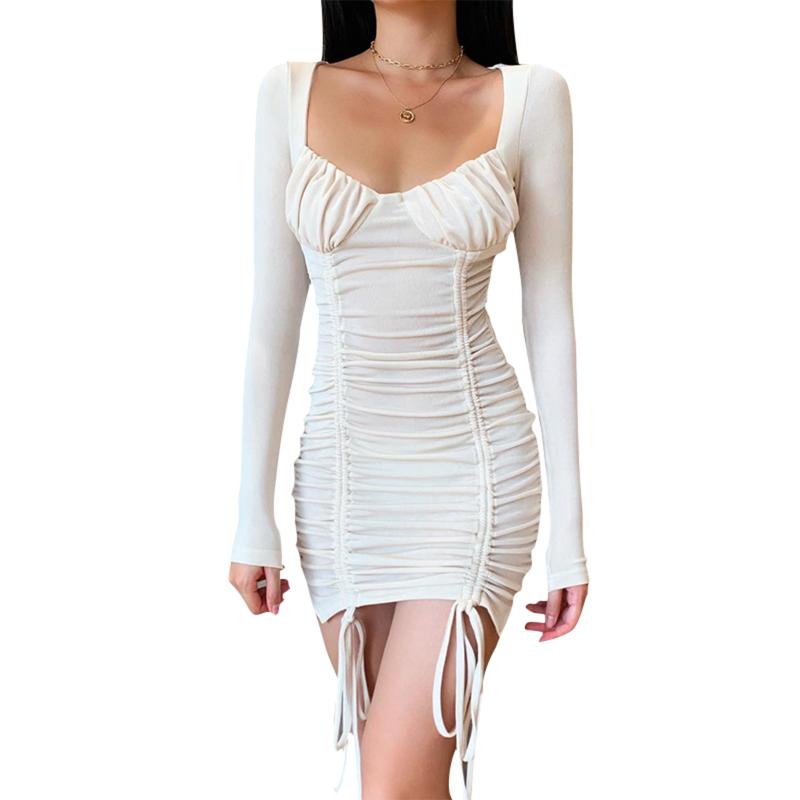 Women Autumn Long-sleeved Dress Fashion Solid Color Pleated Drawstring Skinny Short Casual Dresses