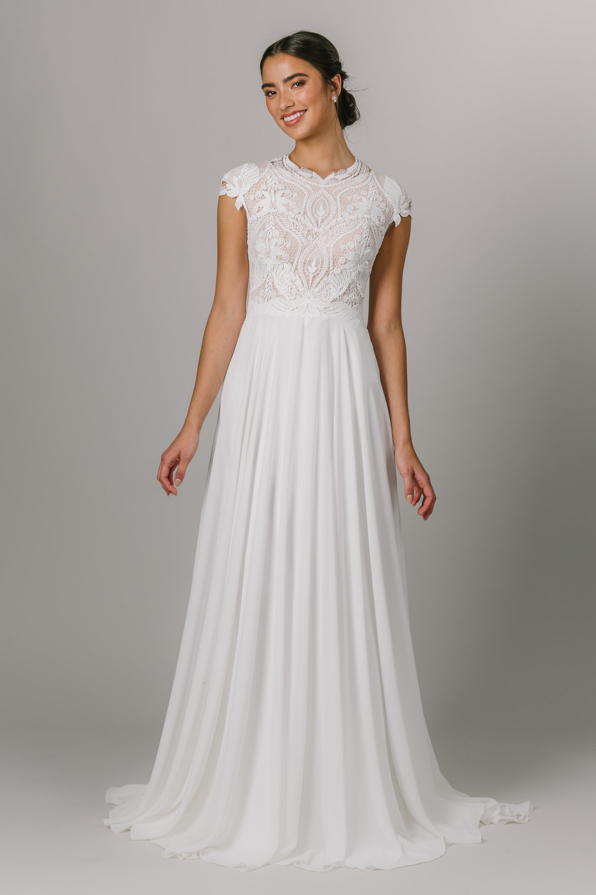 2021 Simple A-line Lace Chiffon Boho Modest Bridal Gowns Wedding Dress Summer Elegant LDS Beach Bride Robes, Custom made from color chart
2021 Simple A-line Lace Chiffon Boho Modest Bridal Gowns Wedding Dress Summer Elegant LDS Beach Bride Robes, Custom made from color chart