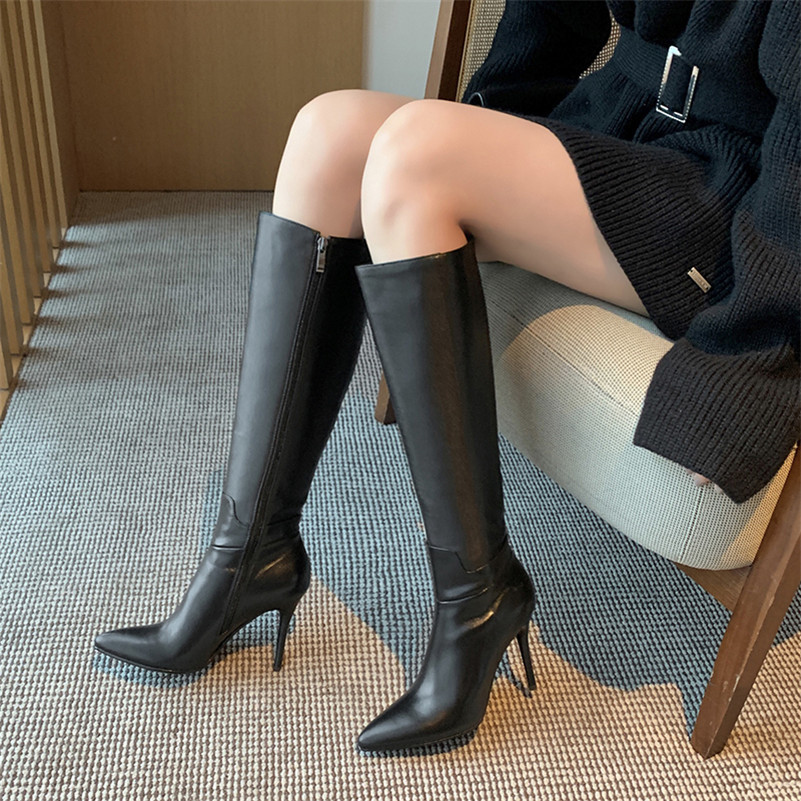 Genuine Leather Super High Heel Knee Boots Women Shoes Pointed Toe Stiletto Heels Zip Fashion Long Beige 43 210517