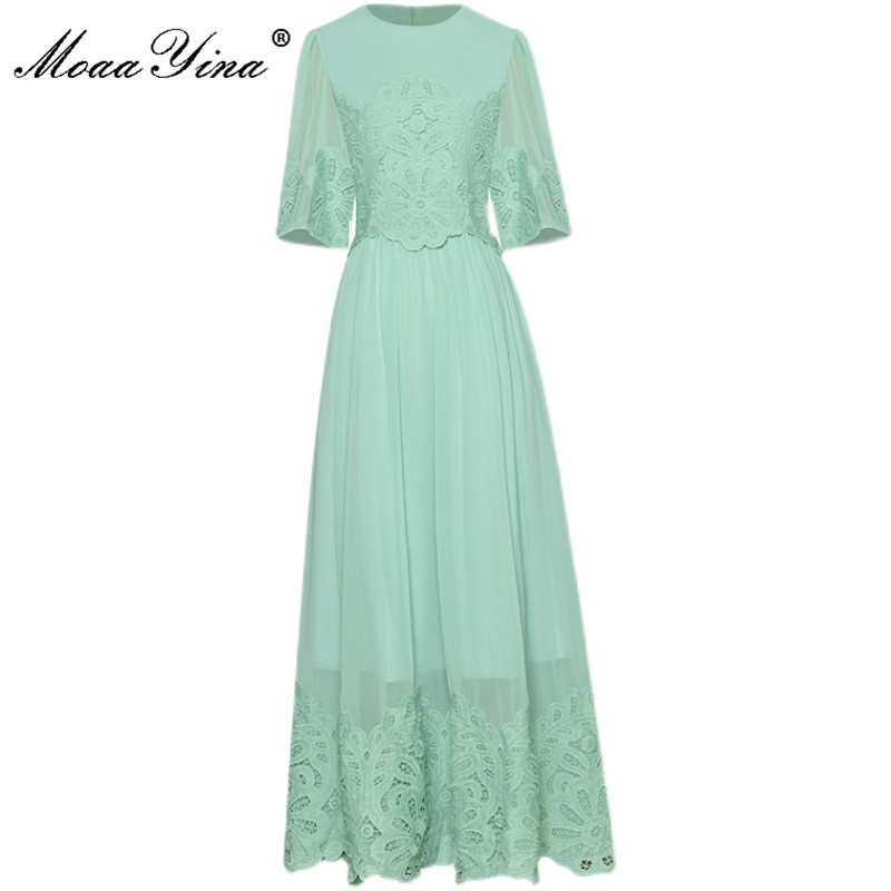Fashion Runway Summer Chiffon A-Line Dress Women Lace Patchwork Half sleeve Hollow out Solid Party Midi Vestidos 210524