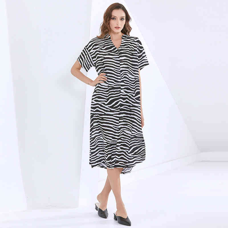 VGH Print Striped Dress For Women V Neck Short Sleeve Casual Loose Midi Korean Dresses Female Fashionable New Clothing Spring 210421