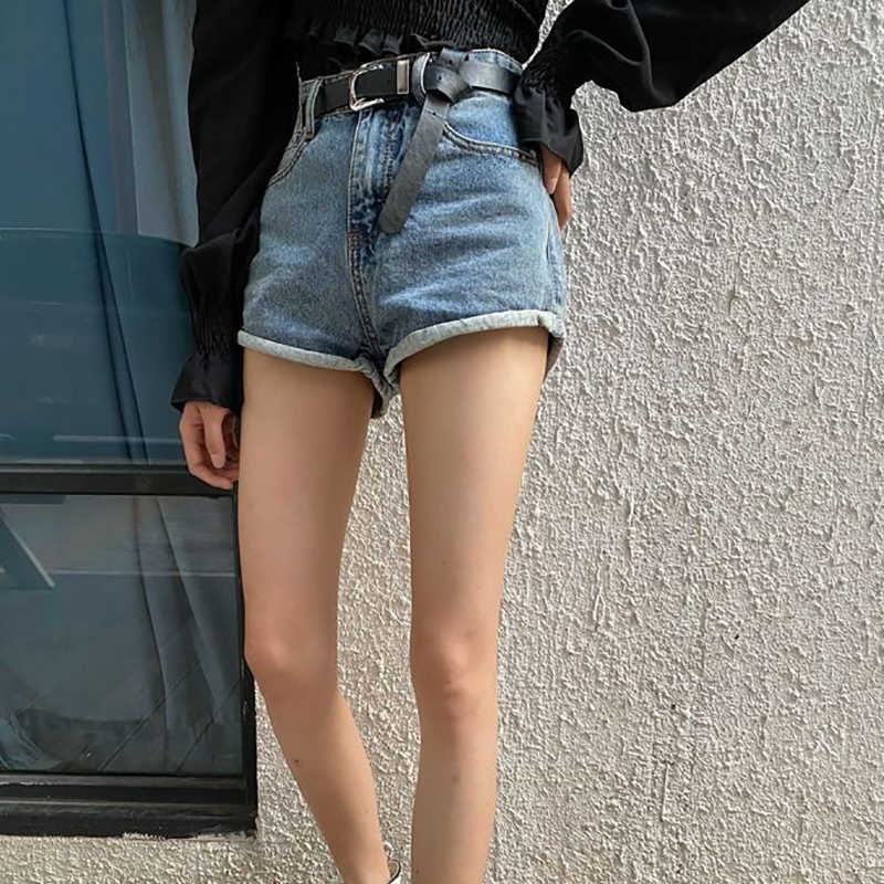 Hemming denim mini shorts women summer simple versatile high waist wide leg jeans shorts with belt jeans femme 210611