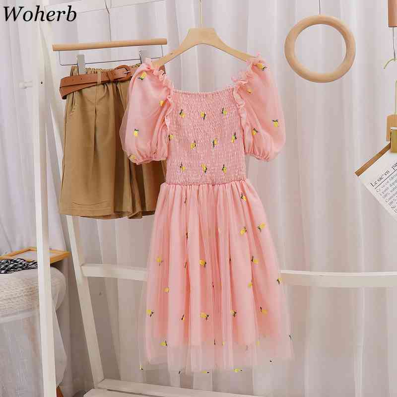 Sweet Mesh Dress Women Summer Kawaii Cute Embroidery Dresses Vintage Korean Short Sleeve Robe Midi Vestidos 210519
