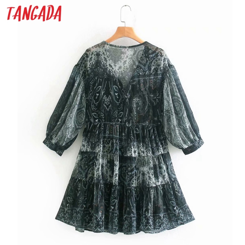 Women Vintage Paisley Print Chiffon V Neck Long Sleeve Ladies Loose Mini Dress Vestidos XN294 210416