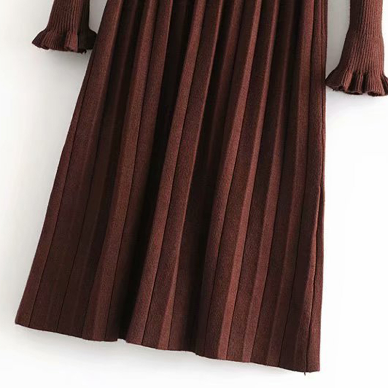 Elegant Ruffle Long Sleeve Knitted Sweater Dress Women Solid A Line Bow Pleated Dress Autumn Winter Casual Dresses For Ladies 210414