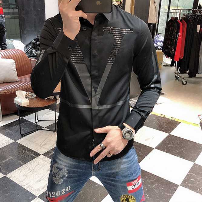 Letter Shirts Men Long Sleeve Business Casual Dress Shirt Slim Streetwear Social Nightclub Chemise Homme 210721