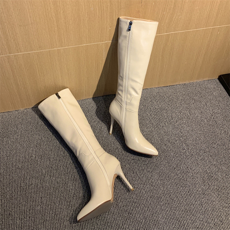 Genuine Leather Super High Heel Knee Boots Women Shoes Pointed Toe Stiletto Heels Zip Fashion Long Beige 43 210517