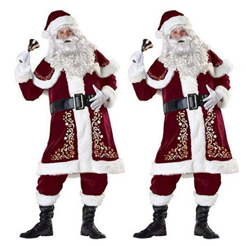 Christmas Decorations 9Pcs Velvet Deluxe Santa Claus Father Cosplay Suit Costume Adult Fancy Dress Full Set Sets